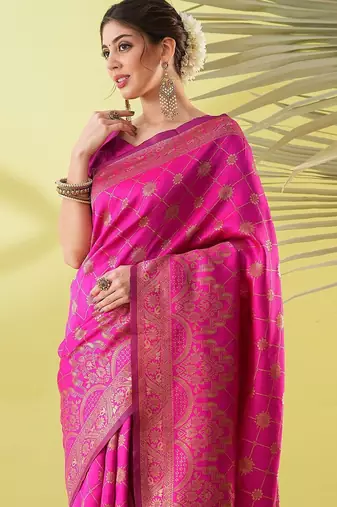 Pink pure silk woven zari work saree with blouse