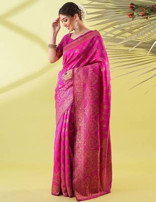 Pink pure silk woven zari work saree with blouse 3