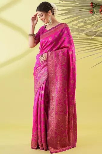 Pink pure silk woven zari work saree with blouse