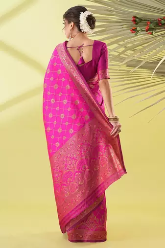 Pink pure silk woven zari work saree with blouse
