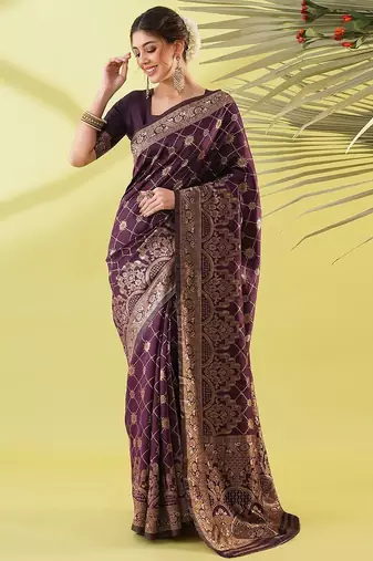 Magenta pure silk woven zari work saree with blouse