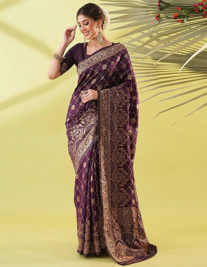 Magenta pure silk woven zari work saree with blouse