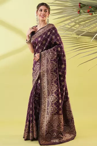 Magenta pure silk woven zari work saree with blouse
