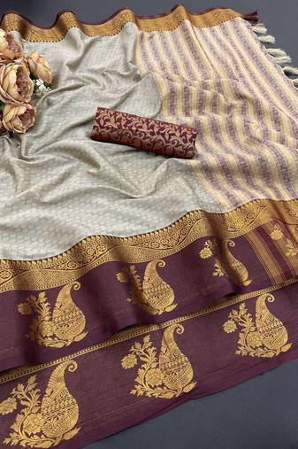 Beige blended cotton woven zari work saree with blouse
