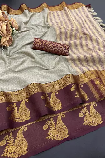 Beige blended cotton woven zari work saree with blouse