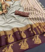 Beige blended cotton woven zari work saree with blouse