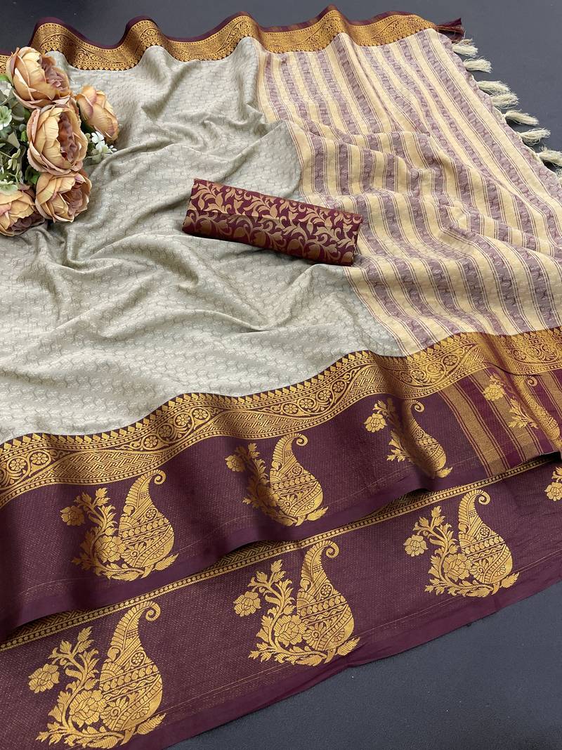 Beige blended cotton woven zari work saree with blouse