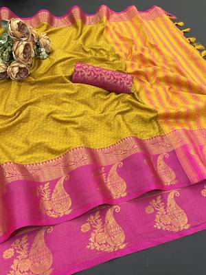 Gold blended cotton woven zari work saree with blouse 1