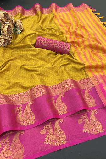 Gold blended cotton woven zari work saree with blouse