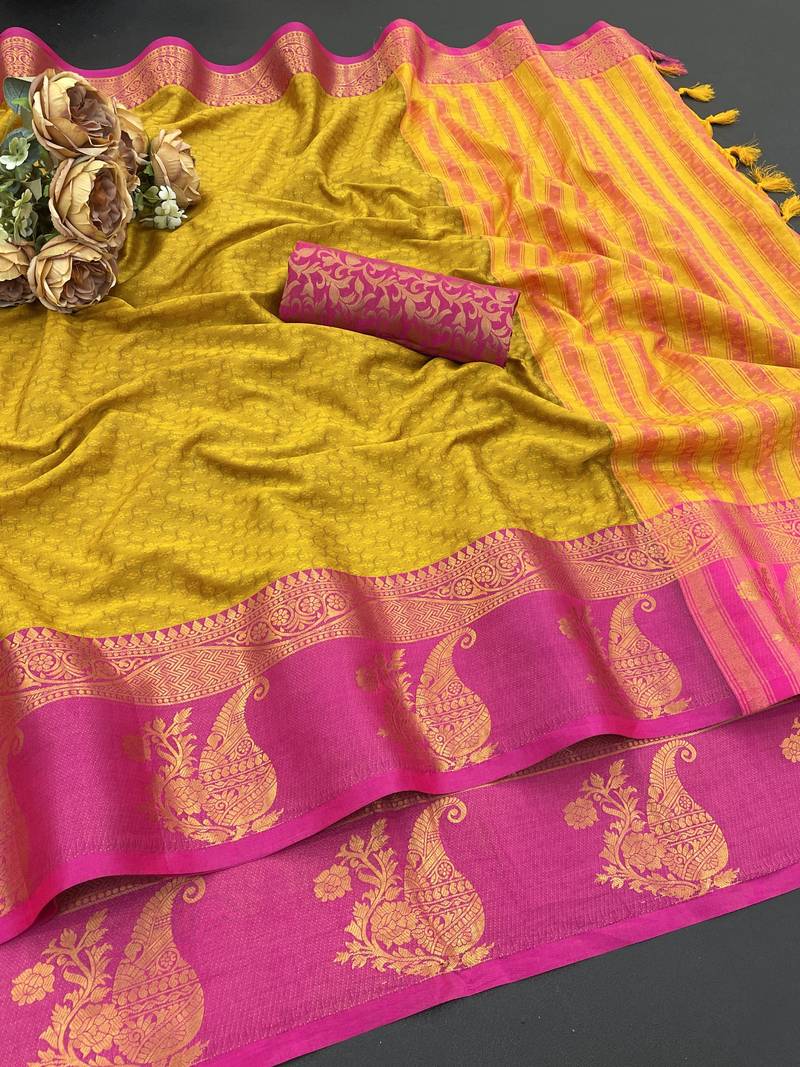 Gold blended cotton woven zari work saree with blouse