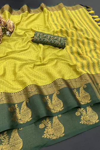 Light green blended cotton woven zari work saree with blouse
