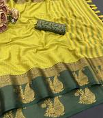 Light green blended cotton woven zari work saree with blouse
