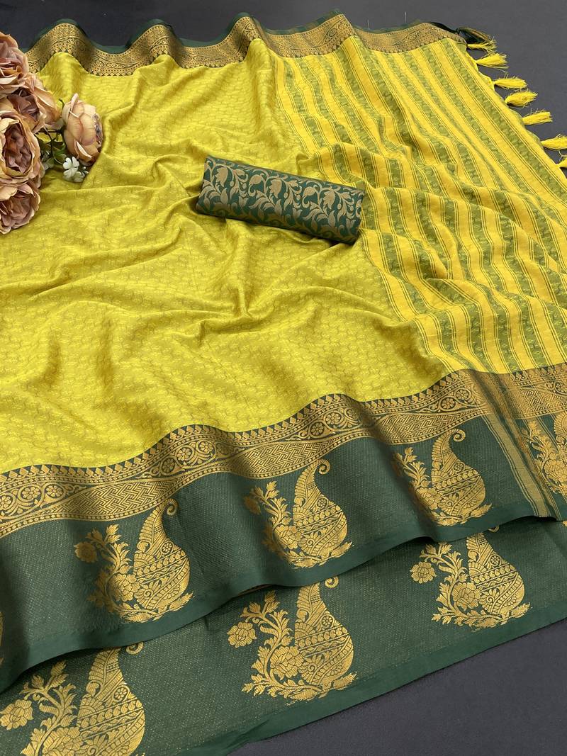 Light green blended cotton woven zari work saree with blouse