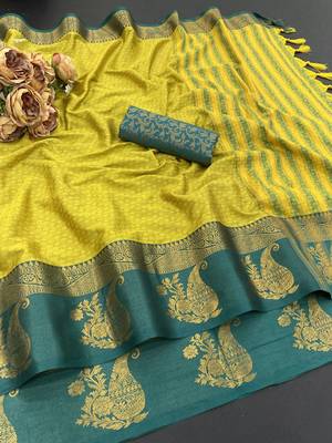 Light green blended cotton woven zari work saree with blouse 1