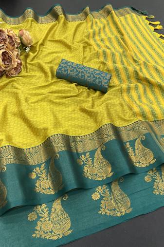 Light green blended cotton woven zari work saree with blouse