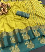 Light green blended cotton woven zari work saree with blouse