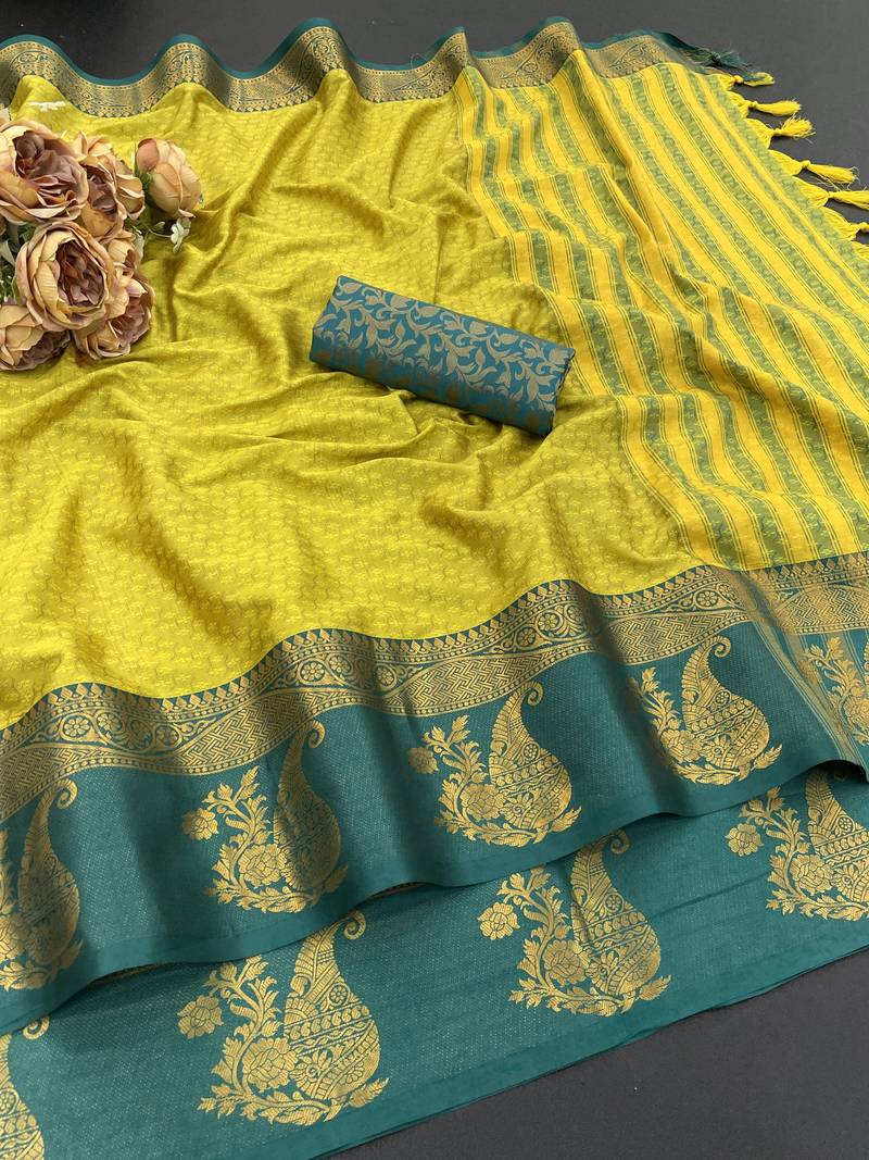 Light green blended cotton woven zari work saree with blouse