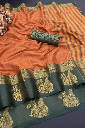 Orange blended cotton woven zari work saree with blouse
