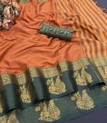 Orange blended cotton woven zari work saree with blouse