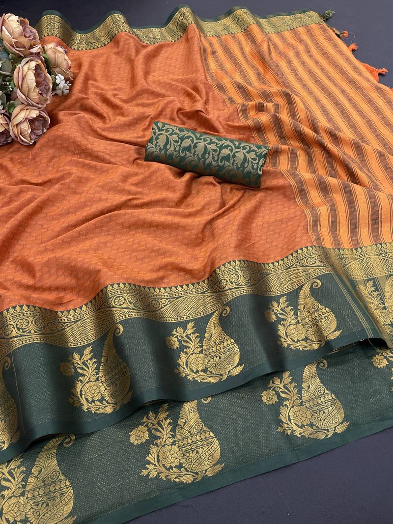 Orange blended cotton woven zari work saree with blouse