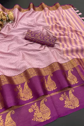 Pink blended cotton woven zari work saree with blouse