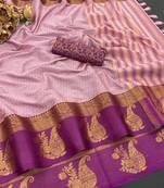 Pink blended cotton woven zari work saree with blouse