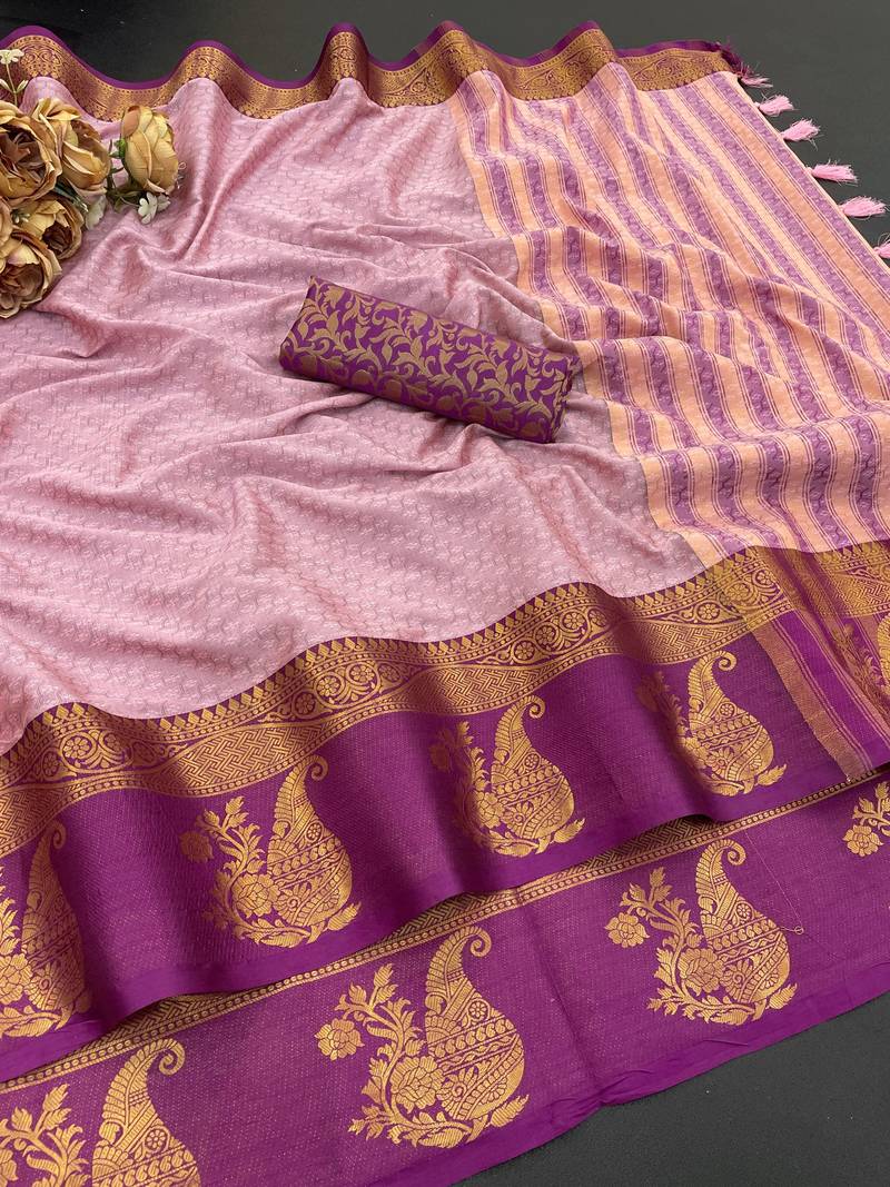 Pink blended cotton woven zari work saree with blouse