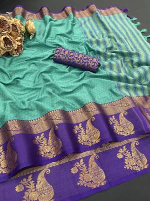 Light blue blended cotton woven zari work saree with blouse 1