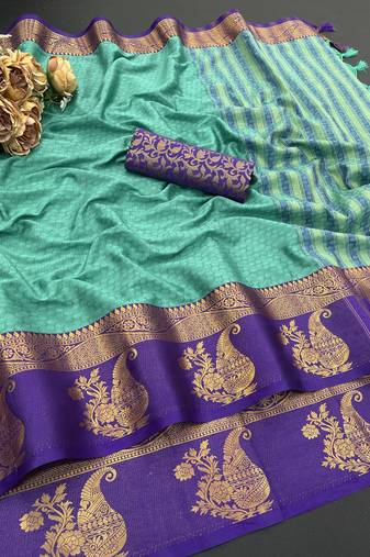 Light blue blended cotton woven zari work saree with blouse