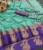 Light blue blended cotton woven zari work saree with blouse