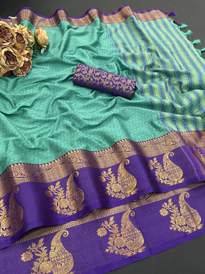 Light blue blended cotton woven zari work saree with blouse