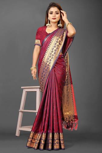 Red pure silk woven zari work saree with blouse