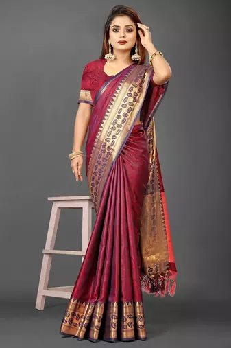Red pure silk woven zari work saree with blouse