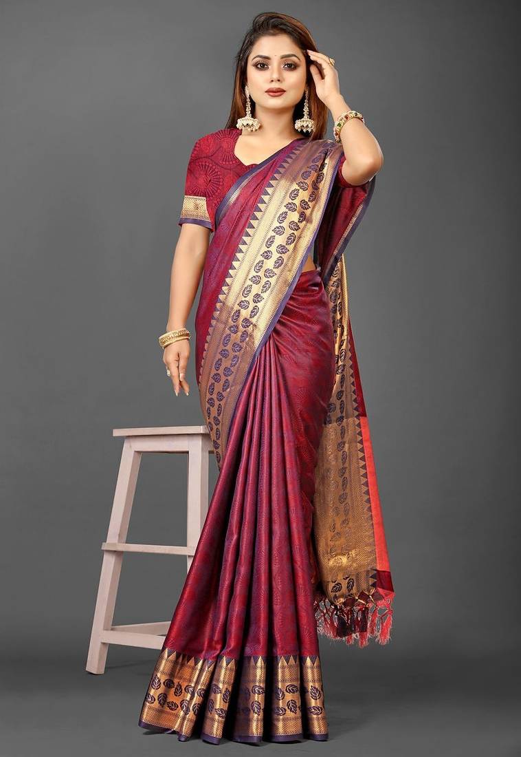 Red pure silk woven zari work saree with blouse