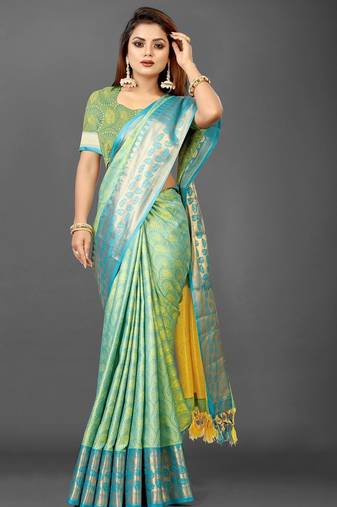 Yellow pure silk woven zari work saree with blouse