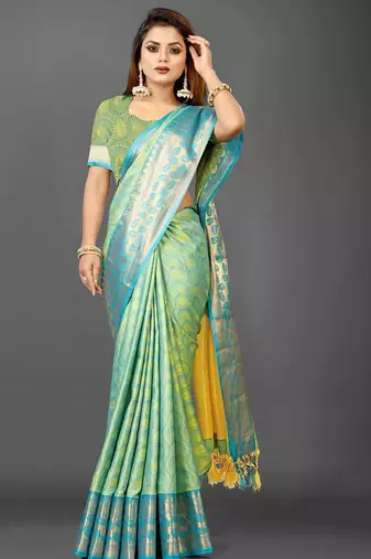 Yellow pure silk woven zari work saree with blouse