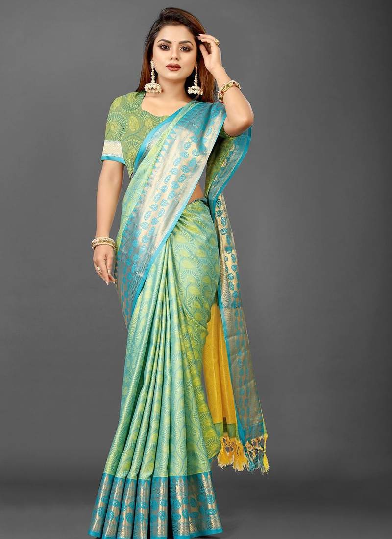 Yellow pure silk woven zari work saree with blouse