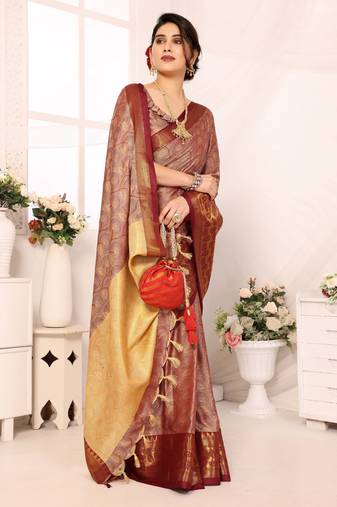 Beige blended cotton woven zari work saree with blouse