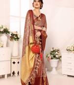Beige blended cotton woven zari work saree with blouse