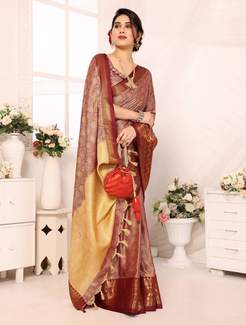 Beige blended cotton woven zari work saree with blouse