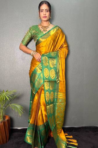 Gold green blended cotton woven zari work saree with blouse