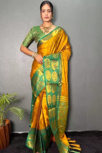 Gold green blended cotton woven zari work saree with blouse