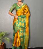 Gold green blended cotton woven zari work saree with blouse