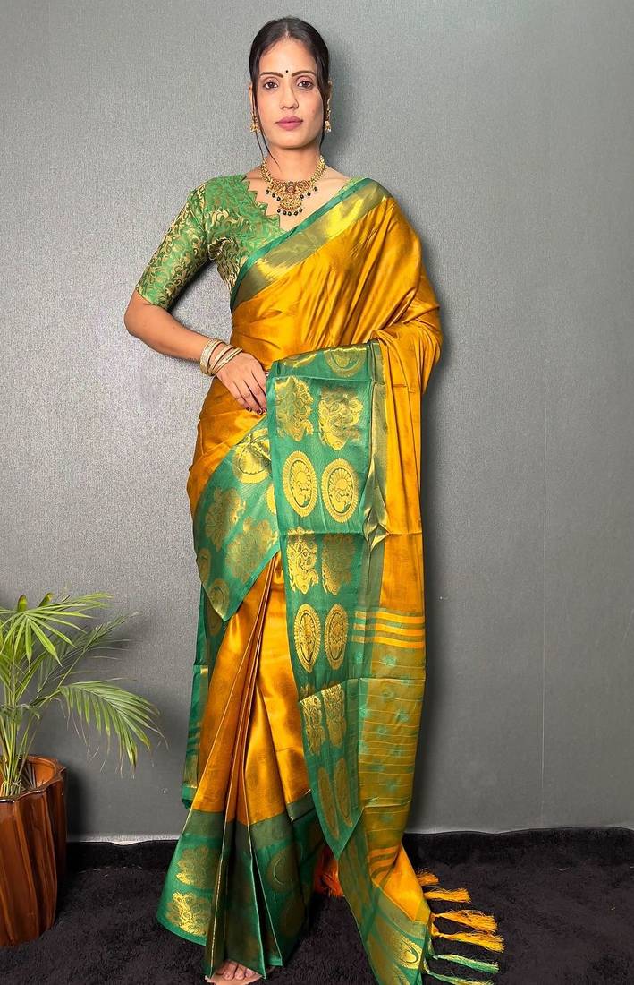 Gold green blended cotton woven zari work saree with blouse