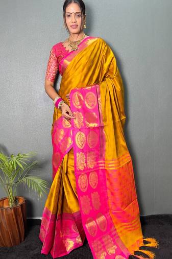Gold pink blended cotton woven zari work saree with blouse