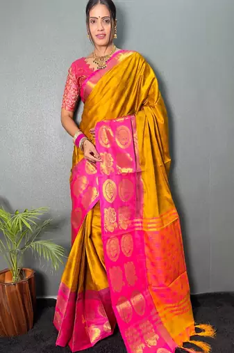 Gold pink blended cotton woven zari work saree with blouse