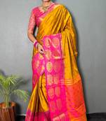 Gold pink blended cotton woven zari work saree with blouse