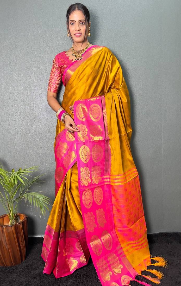 Gold pink blended cotton woven zari work saree with blouse