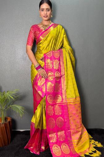 Light green pink blended cotton woven zari work saree with blouse