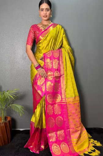 Light green pink blended cotton woven zari work saree with blouse